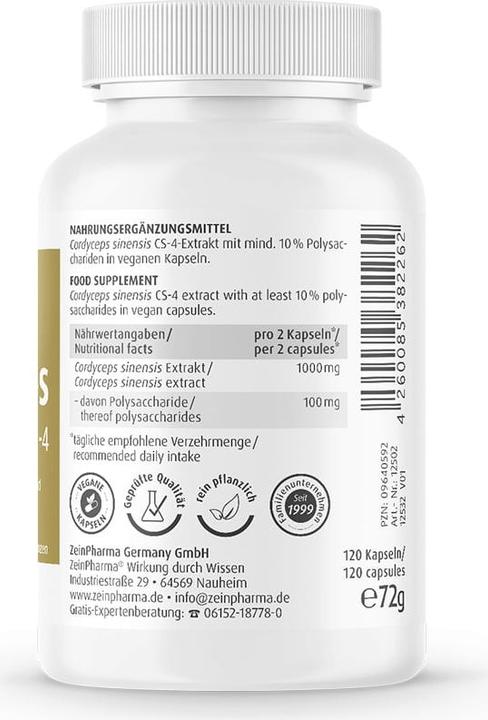 Valeurs nutritives et ingrédients Zein Pharma Cordyceps CS-4 (120 pièce(s), Capsules)
