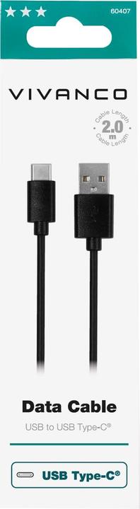 Actual product image Vivanco USB-C cable, USB-A plug <> USB-C plug, max. 18W, black, 2.0m (2 m, USB 2.0)