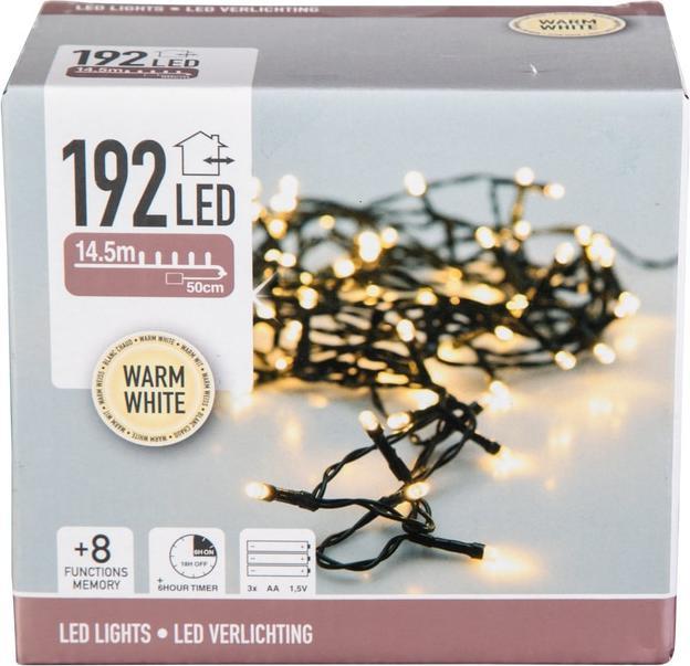Actual product image Nampook ŁAŃCUCH LED 192L CIEPŁY na baterie 14,5m +8FUNKCJI,TIMER 3x AA 1,5V (14.50 m)