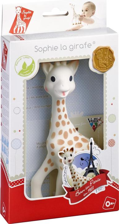 Produktbild Sophie de Giraf bijtspeeltje van 100% natuurlijk rubber in wit-rood geschenkdoosje