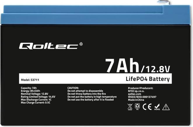 Actual product image Qoltec LiFePO4 lithium iron phosphate battery | 12 8 V | 7Ah | 89 6 Wh | BMS (12.80 V, 7 Ah)