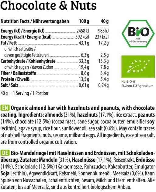 Nährwerte und Zutaten HEJ Nutrition Natural Bite (12 x 40g) (Chocolate & Nuts, 12 Stk., 480 g)