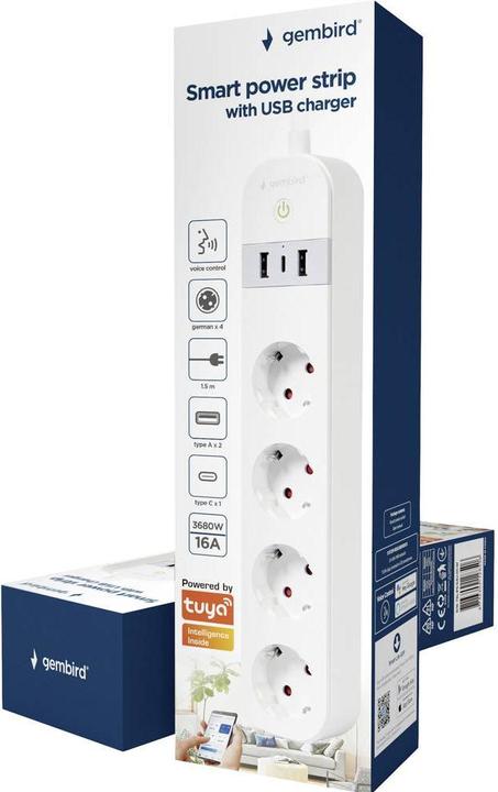 Actual product image Gembird Smart multiple socket outlet with USB charger 4 French sockets White (4 x, CEE 7/5, 1.50 m)