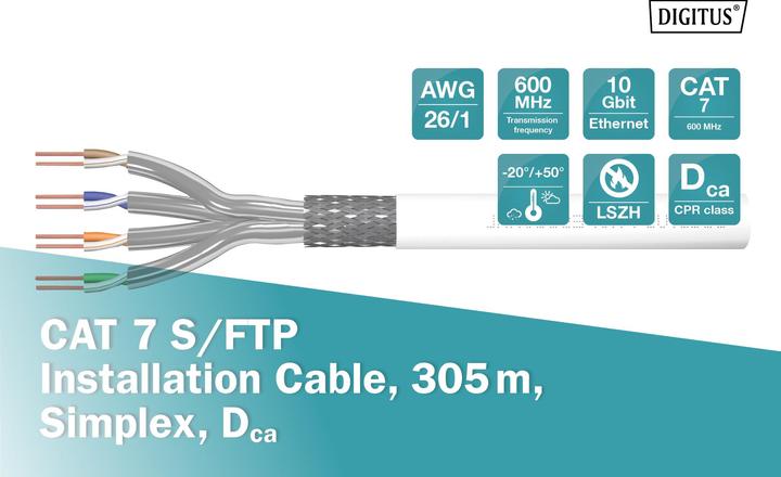 Immagine prodotto Digitus Cavo di installazione Cat.7 S/FTP, 305 m, simplex, Dca (S/FTP, CAT7, 305 m)