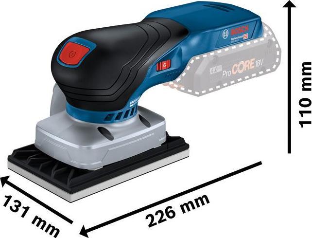 Best for Wood + Paint, Base panel, 120 Available separately as a pack of 10: 2 608 607 232, 1 x C470 sanding sheet, GSS 18V-13, 80 x 130 mm (2 608 601 447) with sanding plate, Dust bag