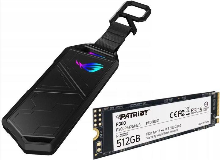 Actual product image ASUS ROG Strix Arion M.2 NVMe SSD Enclosure USB3.2 GEN2 Type-C + PATRIOT P300 512GB M2 2280 PCIe SSD
