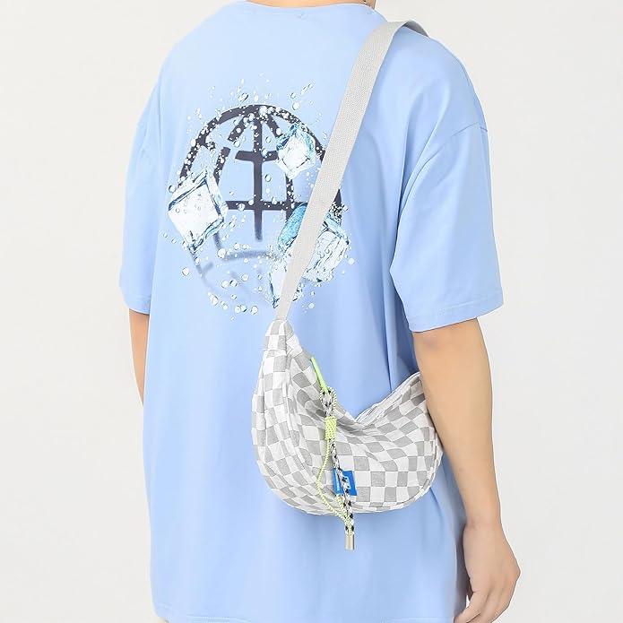 Actual product image Only-Bags.Store Chic plaid canvas crossbody bag - large capacity dumpling style with nylon lining & zip fastening
