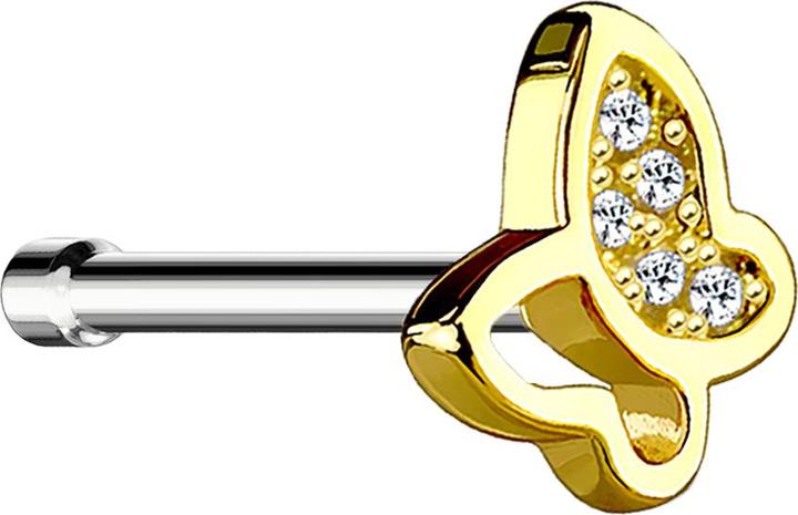 Actual product image Star Piercing Nasenstecker gerade vergoldet mit Schmetterling und Kristall (Surgical steel 316L, Brass)