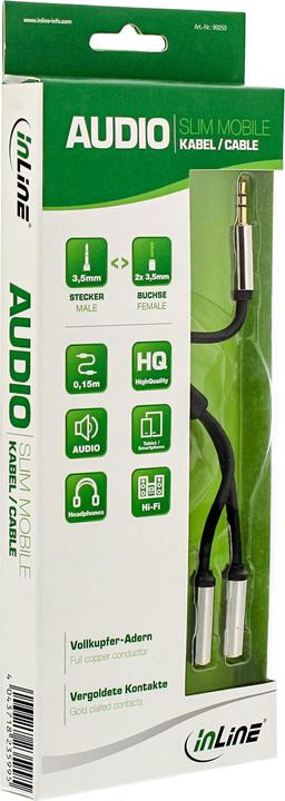 Produktbild InLine Slim Audio Y-Kabel Klinke 3.5mm Stecker an 2x Klinke Buchse (0.15 m, Cinch)
