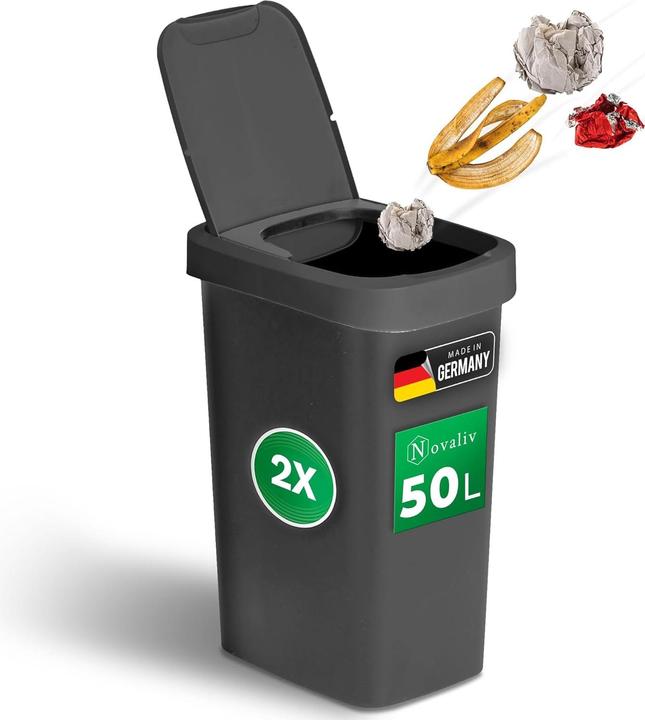 Produktbild Novaliv 2 Stück Mülleimer 50L mit 2in1 Deckel, Klappdeckel & Schwingdeckel, Stilvoller Anti-Geruch A (50 l)