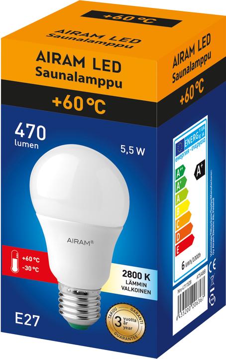 Produktbild Airam LED A61 828 470lm E27 SAUNA OP (E27, 4.50 W, 470 lm, 1 x, F)