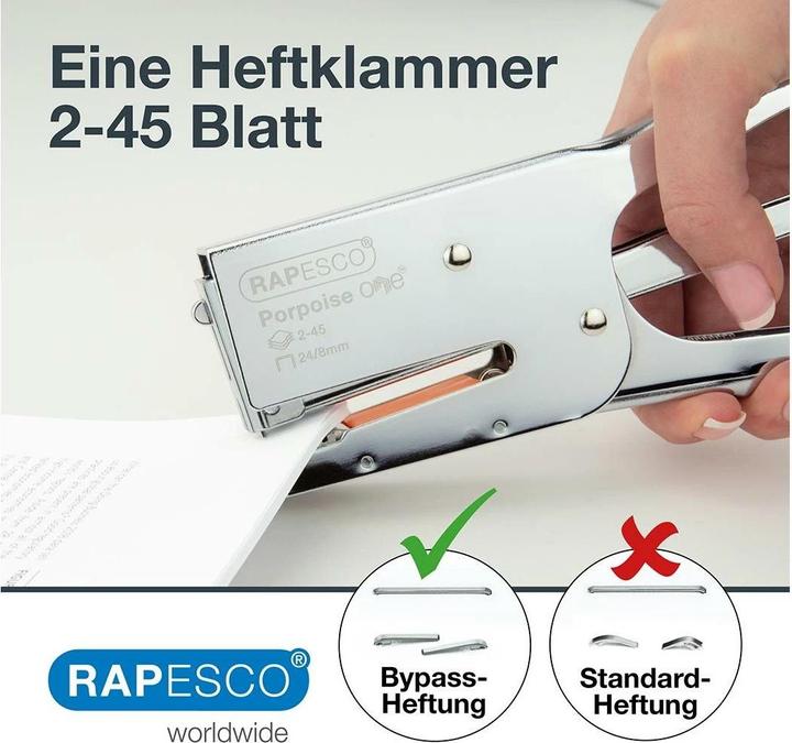 Actual product image Rapesco Stapling plier Porpoise ONE, chrome Stapling capacity: 45 sheets, insertion depth: 59 mm, for staple (45 Sheets)