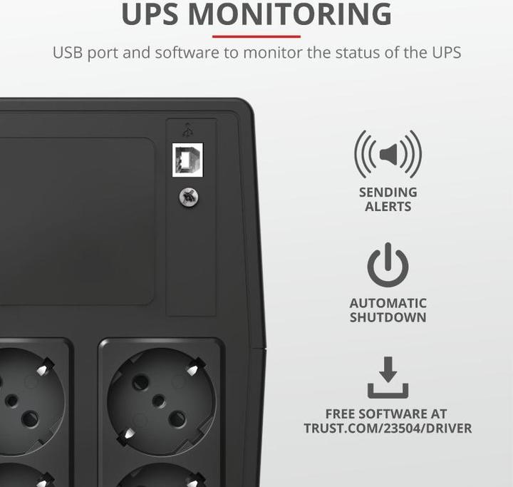 Immagine prodotto Trust UPS||600 Watt|1000 VA|Tipo di forma d'onda Onda sinusoidale simulata|23504 (1000 VA, 600 W, Interattivo linea UPS)
