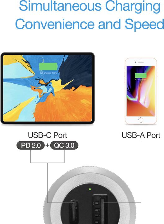 Produktbild Just Mobile Dual-USB Car Charger mit 1 x USB-C und 1 x USB-A Ladeport