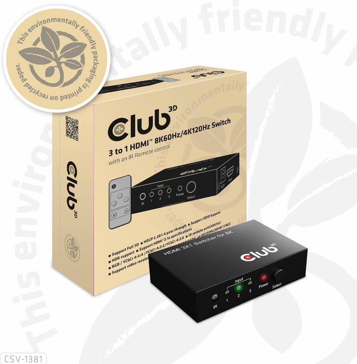 Produktbild Club 3D Club3D HDMI Switchbox 3 Eingänge -> 1 Ausgang 8K60Hz UHD retail