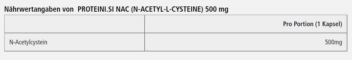 Nährwerte und Zutaten Proteini.ch NAC (N-ACETYL-L-CYSTEINE) 500mg (60 Stück, Kapseln, 40 g)