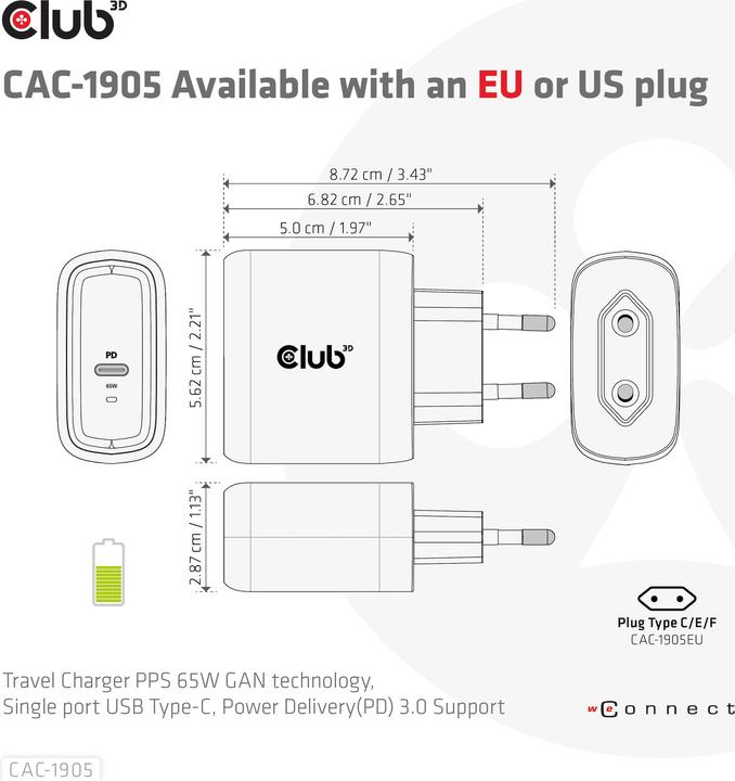 Immagine prodotto Club 3D Caricabatterie da viaggio 65W tecnologia GAN (65 W)