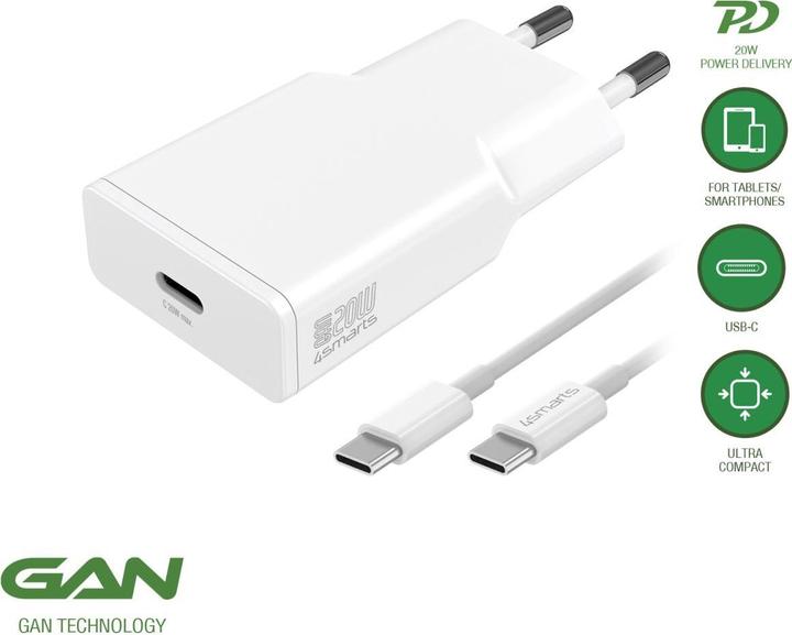 Produktbild 4smarts Netzladegerät PDPlug Slim 20W GaN 1C und USB-C Kabel 1,5m weiss (20 W)