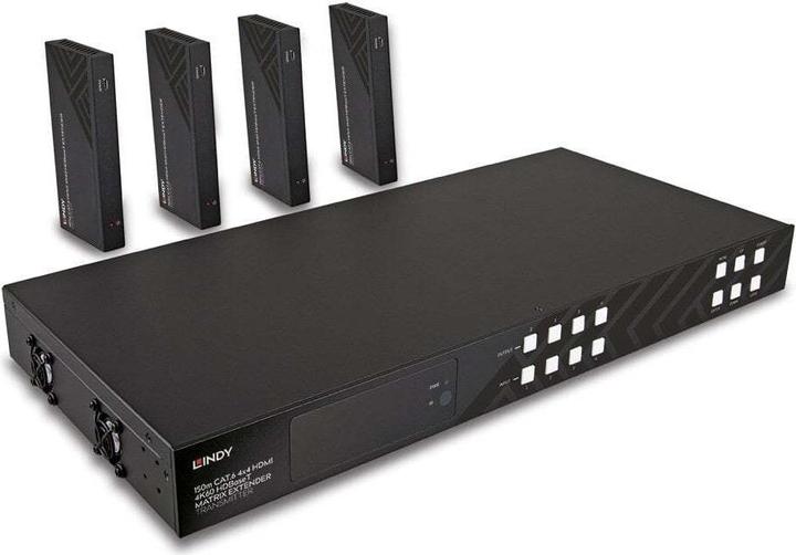 Produktbild Lindy 150m Cat.6 4x4 HDMI 4K60 HDBaseT Matrix Extender Set mit HDBaseT-Sender und 4 Empfängern