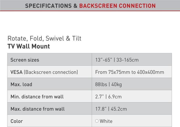 Produktbild Barkan TV-Wandhalterung 13-65", Metall, weiss (Wand, 65", 40 kg)