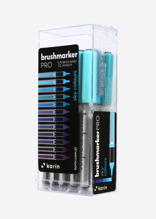 Produktbild Karin PRO - Brush Marker (sapphire blue 189, TURQUOISE 654, violet blue 688, Royal Blue 045, SKY BLUE 621, PLUM 197, arctic blue 264, indigo blue 169, cyan 207, EGYPTIAN BLUE 305, LILAC 226, Cool Aqua 204, 12 x)