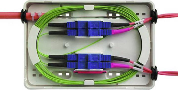Produktbild Telegärtner MICRO-Spleissbox inkl. Spleissschutzhalter, 4xSC-Kupplung, Pigtails, Zubehör (CAT7, 0.03 m)