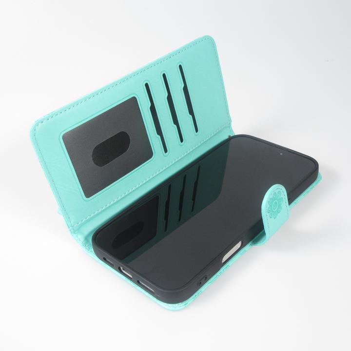 Produktbild PhoneLook Hülle Flip Kartenetui Blumenmuster mit Lanyard Hellblau (Apple iPhone 16)