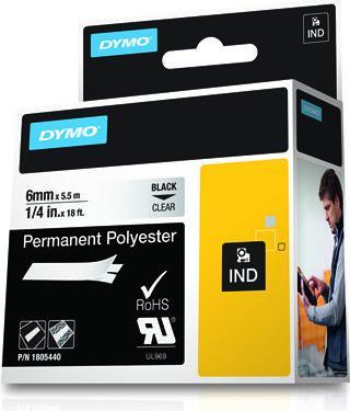 Produktbild Dymo Rhino 6mm schwarz auf Hell Perm Poly (0.60 cm, Transparent)