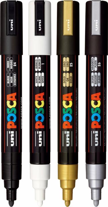 Actual product image Posca Marker PC-5M round tip (Silver, White, Black, Gold, 2.50 mm, 4 x)