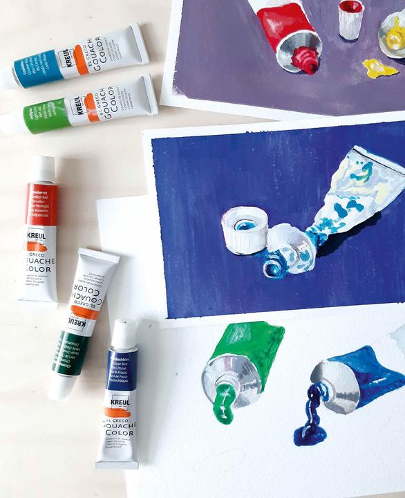 Actual product image Kreul el Greco gouache colours (Light green, Titanium white, Lemon, Prussian blue, vermilion, Brilliant violet, Crimson, Black, Siena burnt, Coelin blue, Ochre yellow, Chrome oxide green, 144 ml)