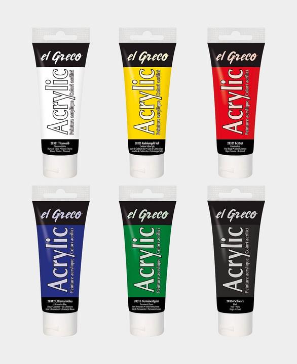 Produktbild Kreul el Greco Acrylic 6er Set (Ultramarinblau, Titanweiss, Kadmiumgelb, Permanentgrün, Schwarz, Echtrot, 450 ml)