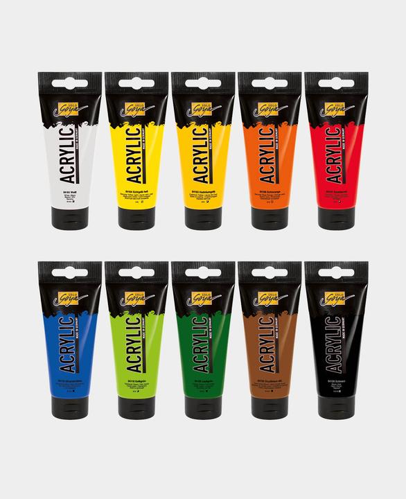 Immagine prodotto Solo Goya Set di 10 pezzi in acrilico (Blu oltremare, Verde foglia, Arancione vero, Giallo-verde, Giallo cadmio, Nero, Marrone ossido, 1000 ml)