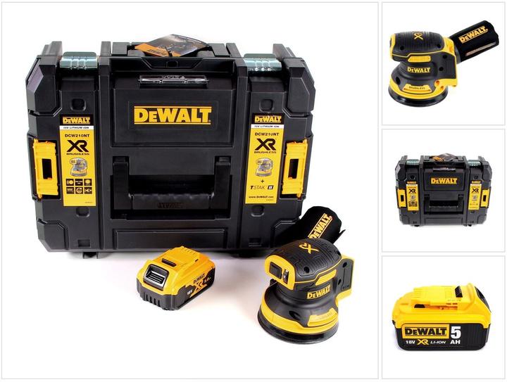 1x DeWALT DCW210 NT ponceuse excentrique sans fil, 1x DeWALT DCB184 batterie 5,0 Ah, 1x DeWALT TSTAK, 1x sac à poussière, sans chargeur
