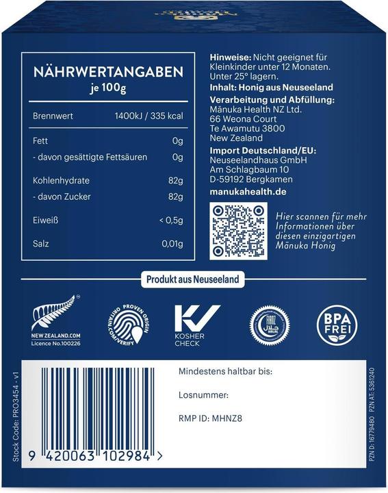 Nährwerte und Zutaten Manuka Health MGO 850+ Manuka Honig (250 g)