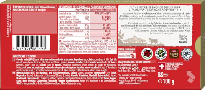 Valeurs nutritives et ingrédients Cailler Frigor (100 g)