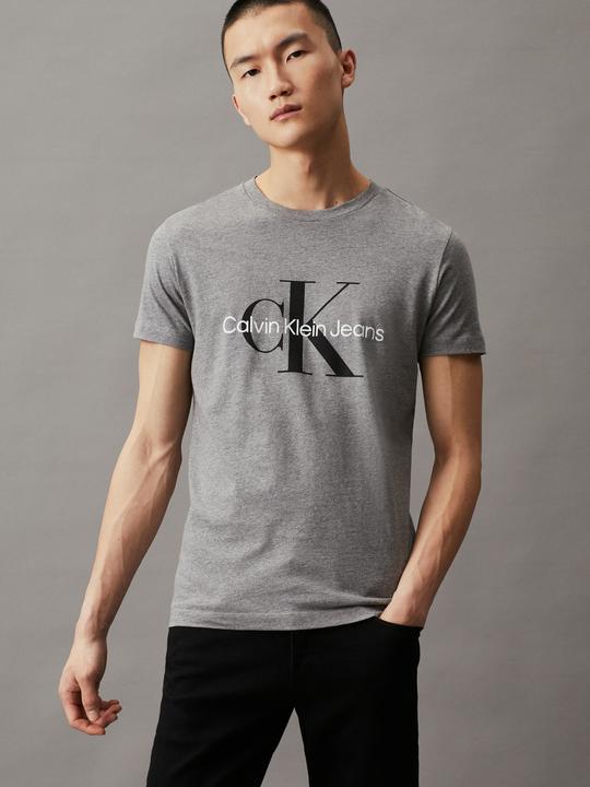 Actual product image Calvin Klein Jeans Jeans Mens T-shirt Short Sleeve Core Monologo Slim Fit, Grey (Mid Grey Heather), L (L)