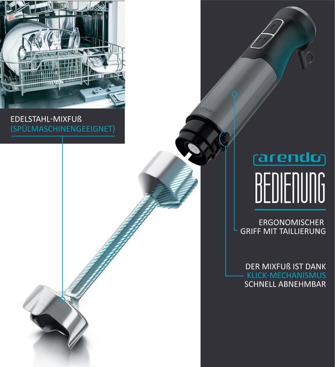 Produktbild Arendo Stabmixer 1000W Grau, Edelstahl Pürierstab DC Motor, stufenlose Geschwindigkeitsregelung, Turbotaste