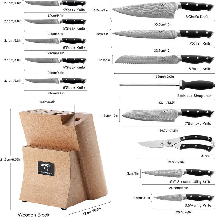 Actual product image Nanfang Brothers 15-teiliges Küchenmesserset inkl. Buchenholzmesserblock