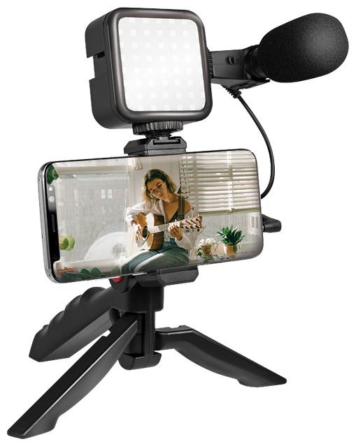 Produktbild LogiLink Vlogger Kit mit LED-Licht, Mikrofon + Stativ, für 4,77" Smartphones