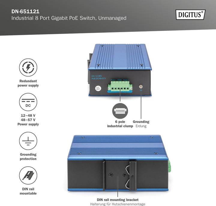 Produktbild Digitus Industrieller 8-Port Gigabit PoE Switch (8 Ports)