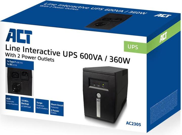Produktbild UPS, 600VA, 1x IEC (C13) + 1x Type F outlet, 1x IEC C14 input, 230V, AVR (600 VA, 360 W, Line-Interaktiv USV)