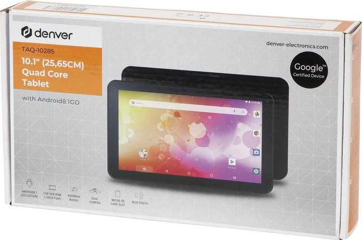 Produktbild Denver TAQ-10285 25,6 cm (10.1") 1 GB 64 GB Wi-Fi 4 (802.11n) Juoda Android 8.1 Go edition (10.10", 64 GB, Juoda)