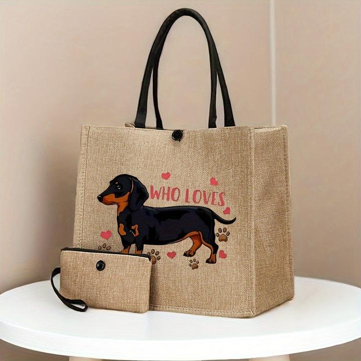 Produktbild Only-Bags.Store 2 Stück Hundedruck Canvas Tote Bags - Leichte Reise- und Strandtaschen mit Schnallenverschluss