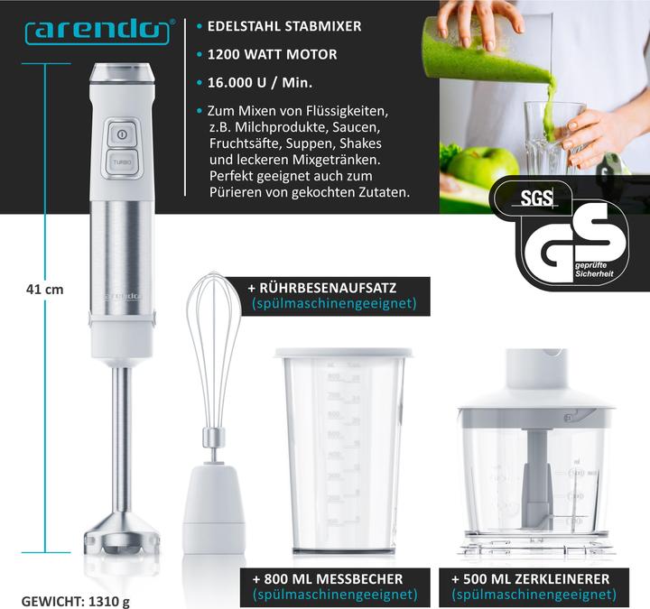 Immagine prodotto Arendo Frullatore a mano 1200W, set di frullatori a mano in acciaio inox con caraffa graduata, tritatutto