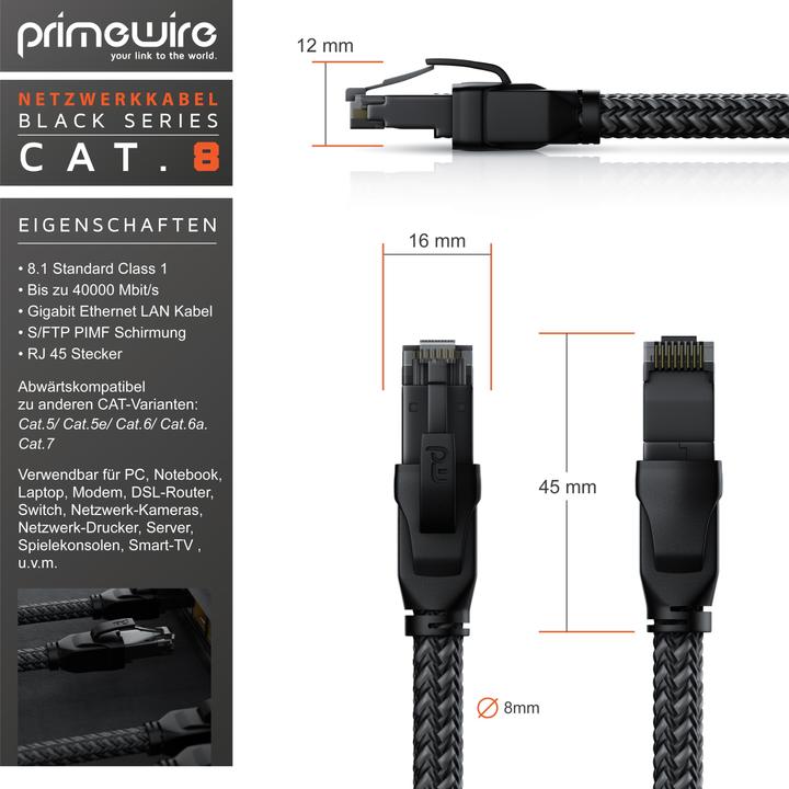 Produktbild Primewire Netzwerkkabel CAT.8, RJ-45, Ethernet, Patchkabel CAT 8, Gigabit Ethernet 40 Gbit/s S/FTP LAN Kabe (S/FTP, CAT8.1, 10 m)