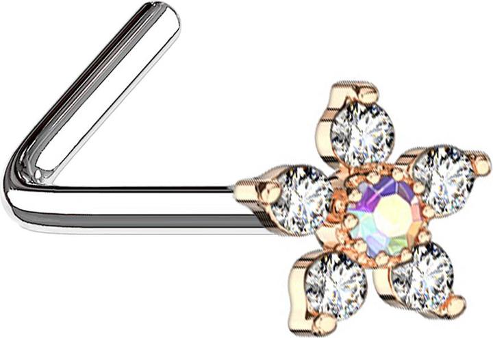 Star Piercing Nasenstecker gewinkelt rosegold Blume mit Kristall multicolor und silber (Chirurgenstahl 316L, Messing)