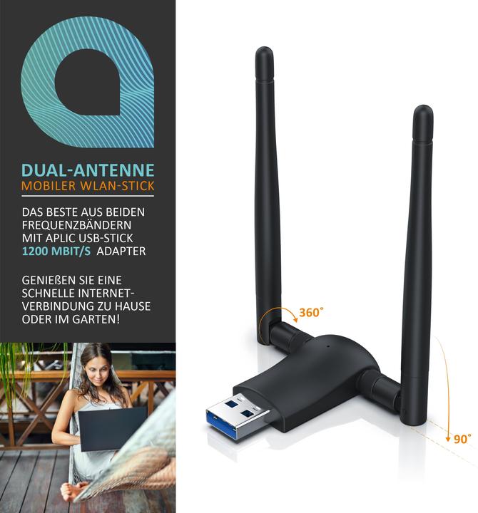 Actual product image Aplic WLAN stick, WIFI dongle USB 3.0, 1200 MBit/s dual band 2.4 + 5 Ghz external antennas (USB)