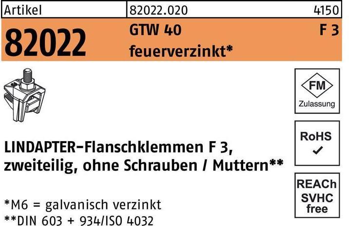 Produktbild Lindapter Flanschklemme R 82022 GTW 40 F 3 M 12 / 40 feuerverzinkt (40 m)