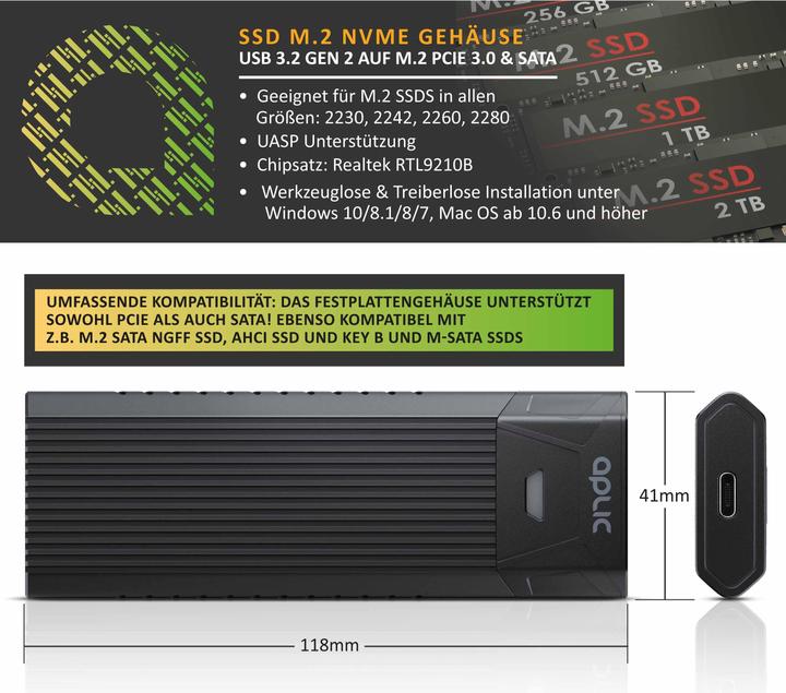 Produktbild Aplic Festplatten Gehäuse, M.2 NVMe Gehäuse USB 3.2 Gen2, PCIe 3.0 & SATA, Kompatibel mit 2242, 2260, 2280 (M.2 2230, M.2 2242, M.2 2260, M.2 2280)