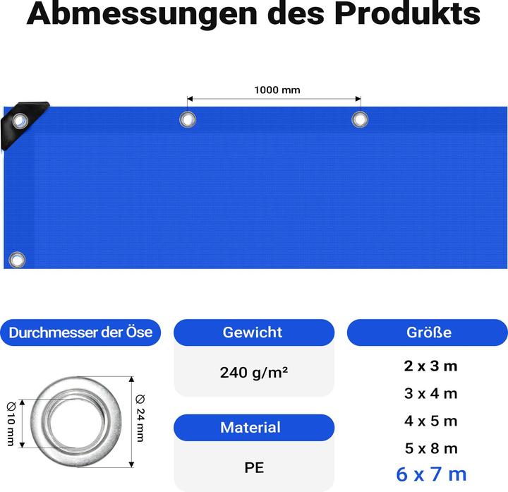 Actual product image Wiltec Cover tarpaulin weatherproof blue 7x6m PE tarpaulin with eyelets 240g/m² Garden tarpaulin (7 x 6 m)